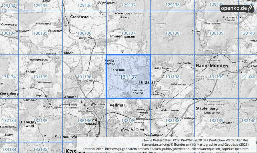 Übersichtskarte des KOSTRA-DWD-2020-Rasterfeldes Nr. 131137