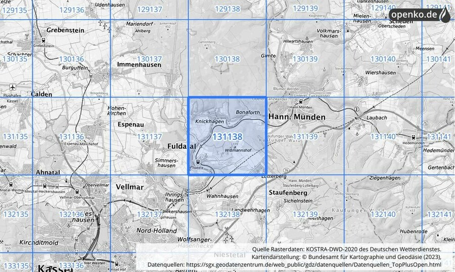 Übersichtskarte des KOSTRA-DWD-2020-Rasterfeldes Nr. 131138