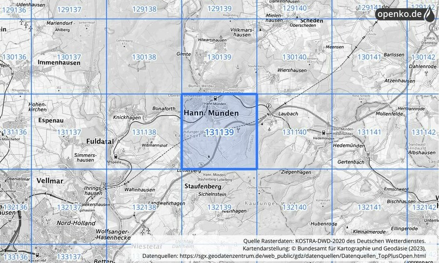 Übersichtskarte des KOSTRA-DWD-2020-Rasterfeldes Nr. 131139