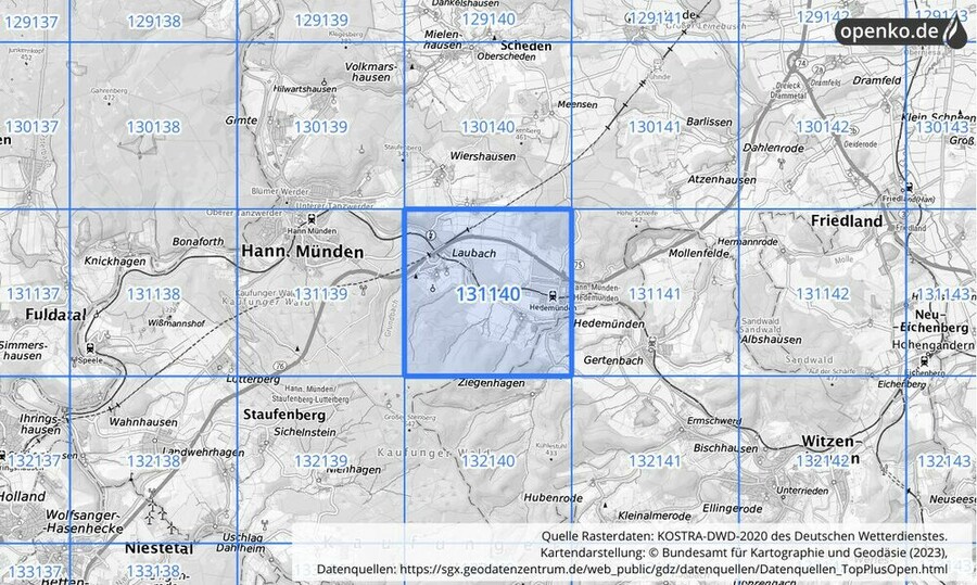 Übersichtskarte des KOSTRA-DWD-2020-Rasterfeldes Nr. 131140