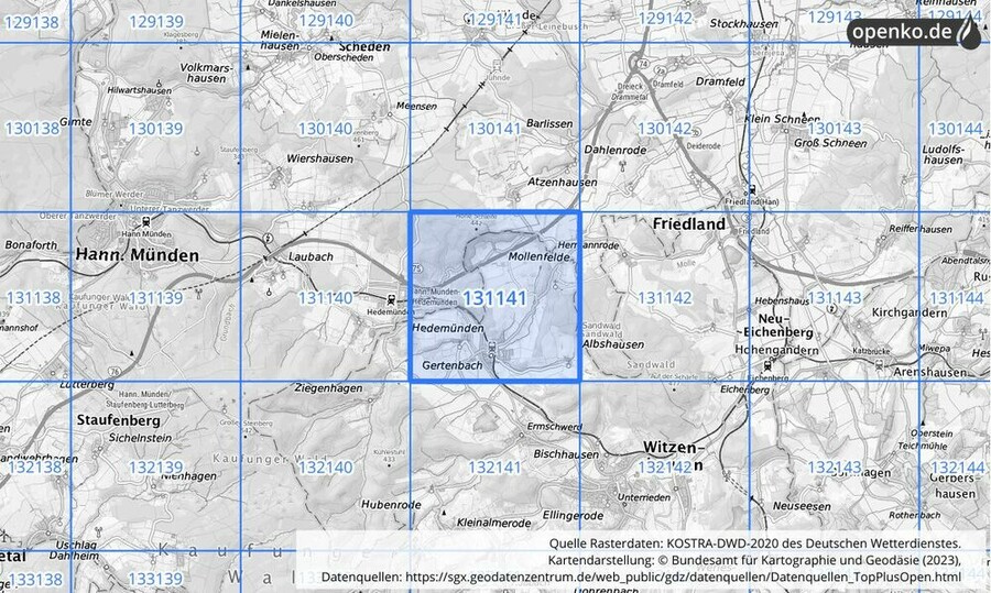 Übersichtskarte des KOSTRA-DWD-2020-Rasterfeldes Nr. 131141