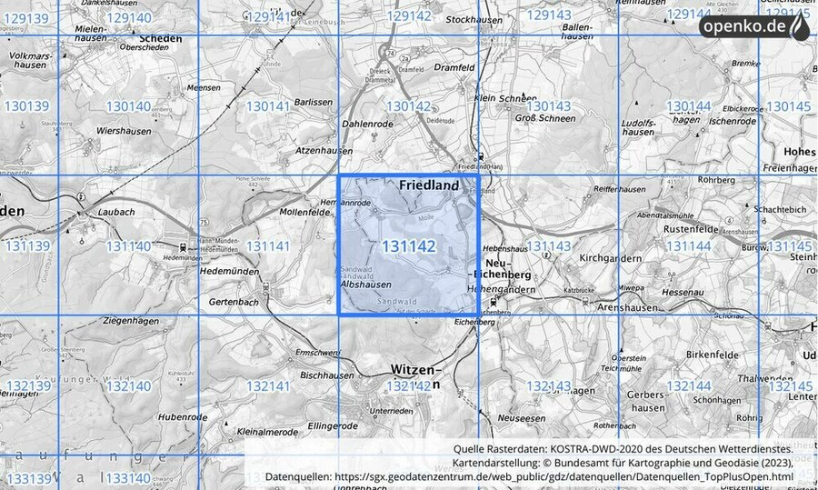 Übersichtskarte des KOSTRA-DWD-2020-Rasterfeldes Nr. 131142