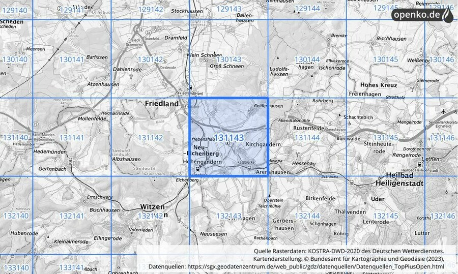 Übersichtskarte des KOSTRA-DWD-2020-Rasterfeldes Nr. 131143