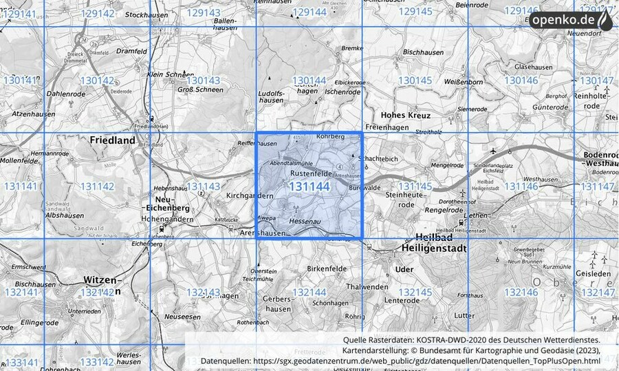 Übersichtskarte des KOSTRA-DWD-2020-Rasterfeldes Nr. 131144