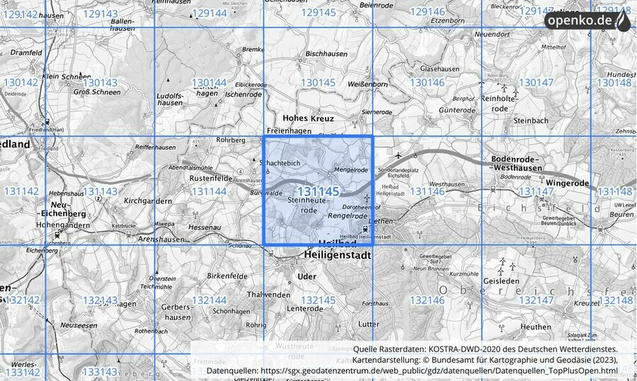 Übersichtskarte des KOSTRA-DWD-2020-Rasterfeldes Nr. 131145