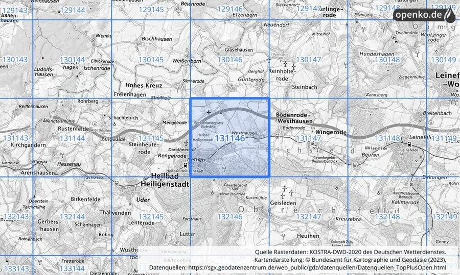 Übersichtskarte des KOSTRA-DWD-2020-Rasterfeldes Nr. 131146