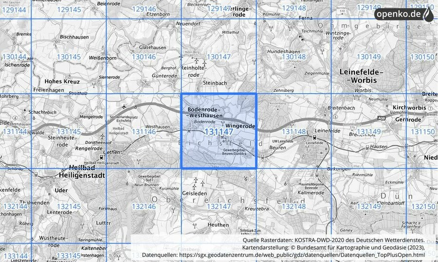 Übersichtskarte des KOSTRA-DWD-2020-Rasterfeldes Nr. 131147