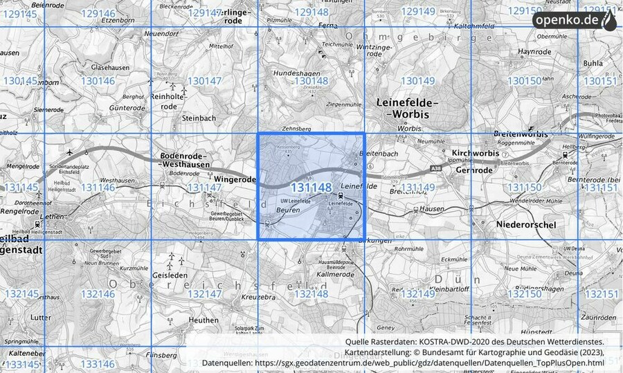 Übersichtskarte des KOSTRA-DWD-2020-Rasterfeldes Nr. 131148