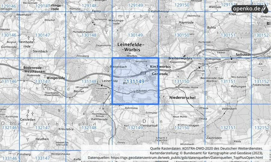 Übersichtskarte des KOSTRA-DWD-2020-Rasterfeldes Nr. 131149