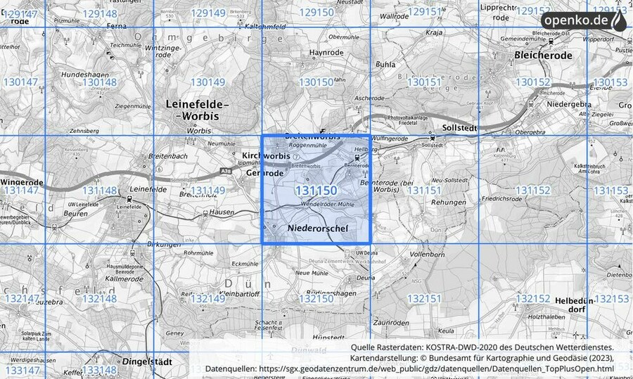 Übersichtskarte des KOSTRA-DWD-2020-Rasterfeldes Nr. 131150