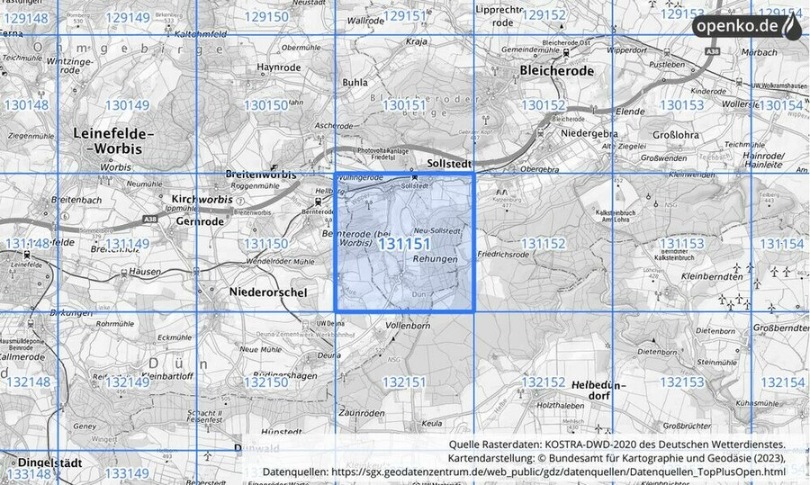 Übersichtskarte des KOSTRA-DWD-2020-Rasterfeldes Nr. 131151