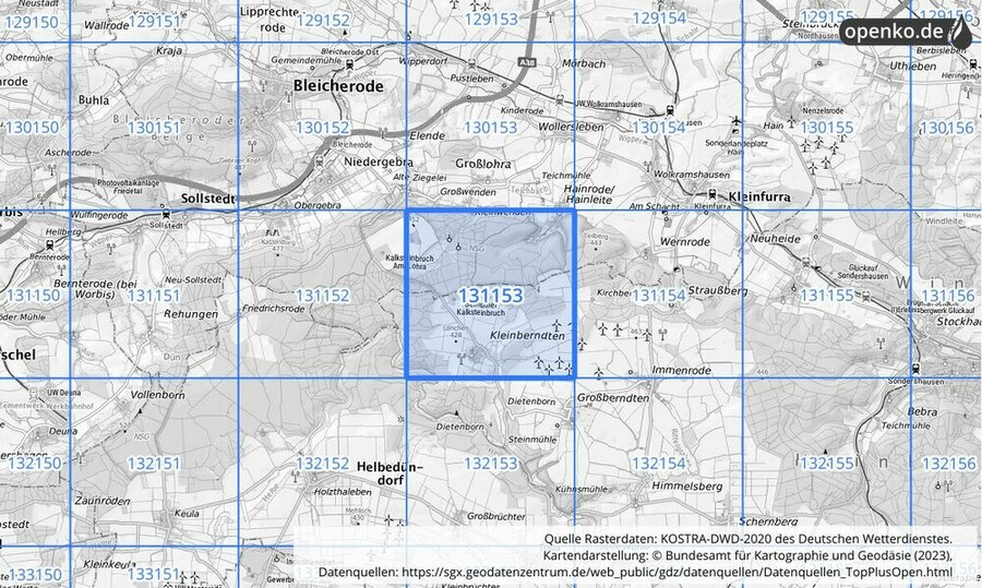 Übersichtskarte des KOSTRA-DWD-2020-Rasterfeldes Nr. 131153