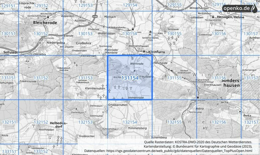 Übersichtskarte des KOSTRA-DWD-2020-Rasterfeldes Nr. 131154