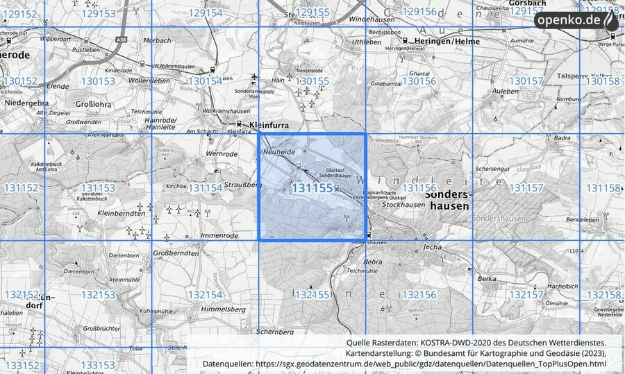 Übersichtskarte des KOSTRA-DWD-2020-Rasterfeldes Nr. 131155