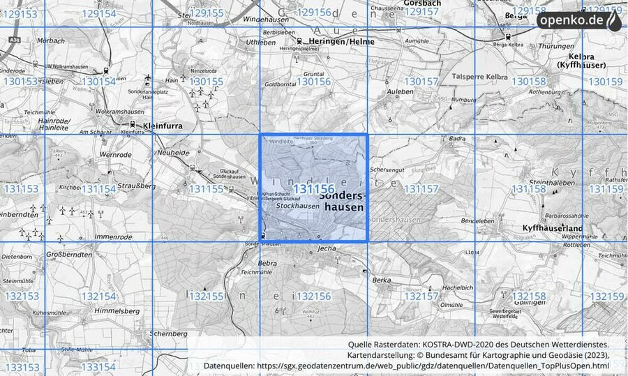 Übersichtskarte des KOSTRA-DWD-2020-Rasterfeldes Nr. 131156