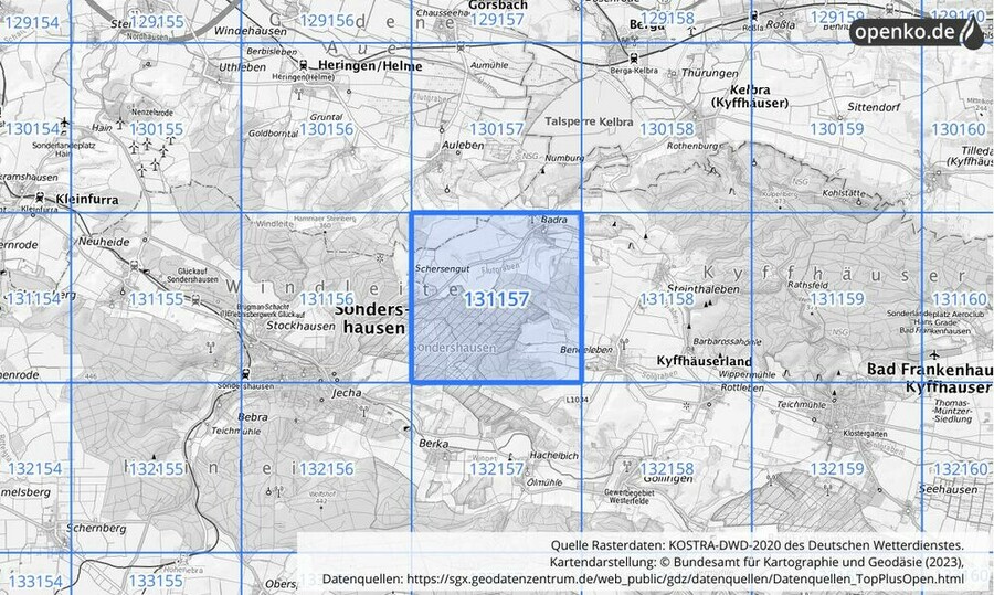 Übersichtskarte des KOSTRA-DWD-2020-Rasterfeldes Nr. 131157