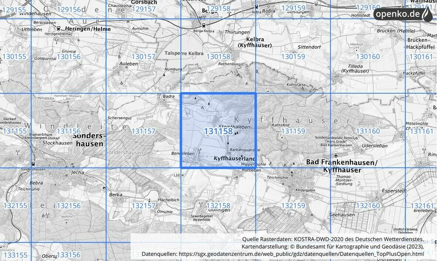 Übersichtskarte des KOSTRA-DWD-2020-Rasterfeldes Nr. 131158