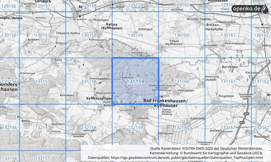 Übersichtskarte des KOSTRA-DWD-2020-Rasterfeldes Nr. 131159