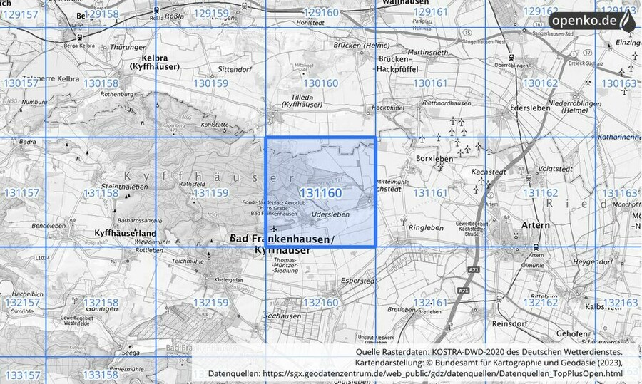 Übersichtskarte des KOSTRA-DWD-2020-Rasterfeldes Nr. 131160