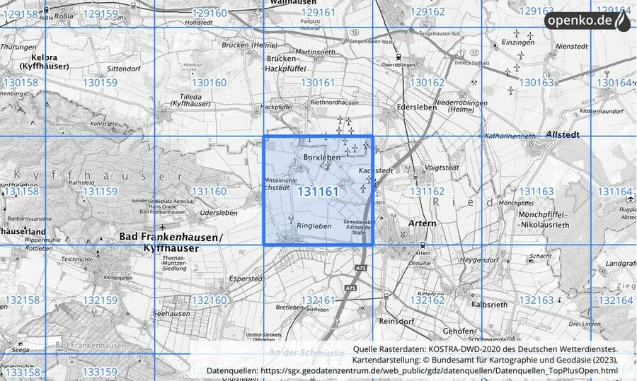 Übersichtskarte des KOSTRA-DWD-2020-Rasterfeldes Nr. 131161