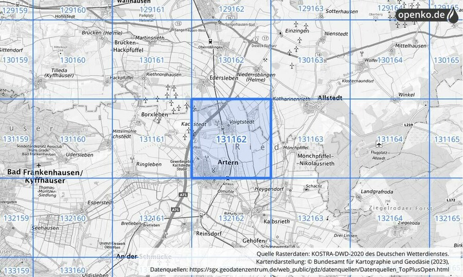 Übersichtskarte des KOSTRA-DWD-2020-Rasterfeldes Nr. 131162