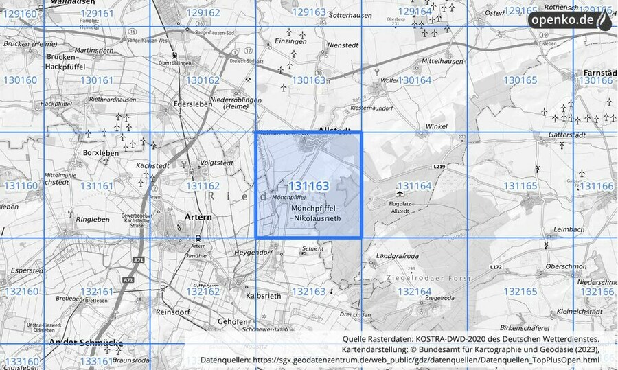 Übersichtskarte des KOSTRA-DWD-2020-Rasterfeldes Nr. 131163