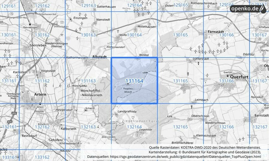 Übersichtskarte des KOSTRA-DWD-2020-Rasterfeldes Nr. 131164