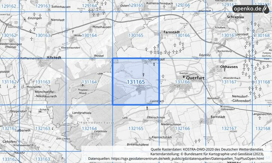Übersichtskarte des KOSTRA-DWD-2020-Rasterfeldes Nr. 131165