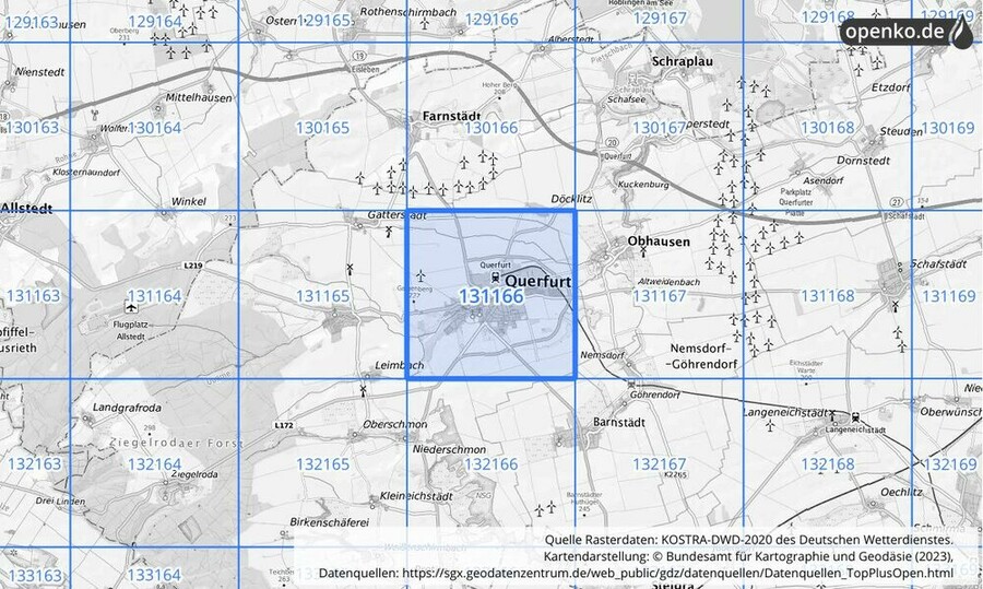 Übersichtskarte des KOSTRA-DWD-2020-Rasterfeldes Nr. 131166