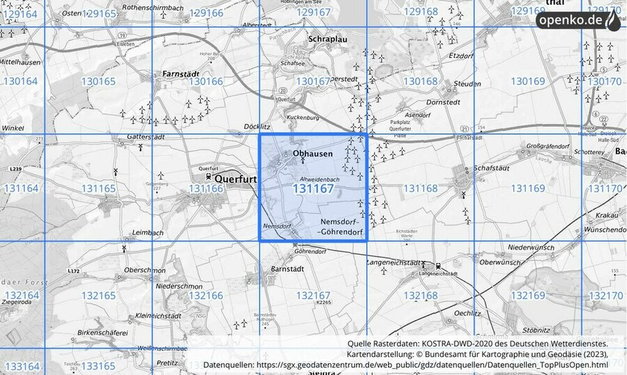 Übersichtskarte des KOSTRA-DWD-2020-Rasterfeldes Nr. 131167