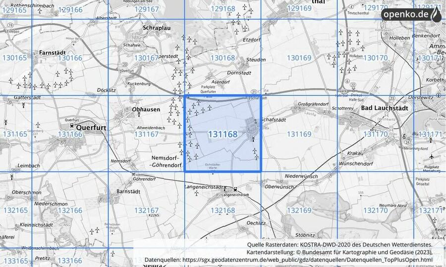 Übersichtskarte des KOSTRA-DWD-2020-Rasterfeldes Nr. 131168