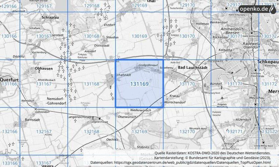 Übersichtskarte des KOSTRA-DWD-2020-Rasterfeldes Nr. 131169