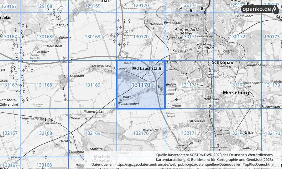 Übersichtskarte des KOSTRA-DWD-2020-Rasterfeldes Nr. 131170