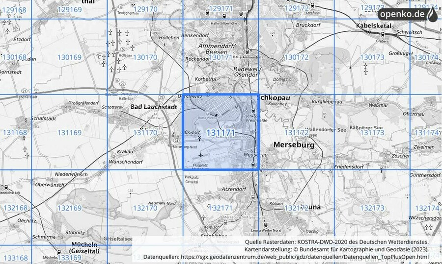 Übersichtskarte des KOSTRA-DWD-2020-Rasterfeldes Nr. 131171