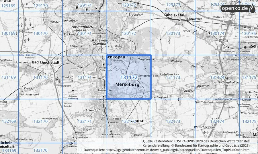 Übersichtskarte des KOSTRA-DWD-2020-Rasterfeldes Nr. 131172