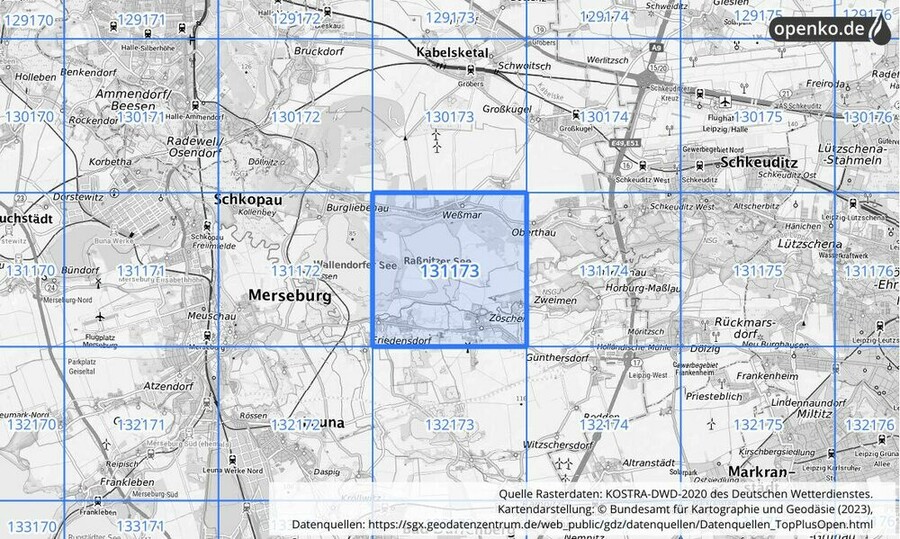 Übersichtskarte des KOSTRA-DWD-2020-Rasterfeldes Nr. 131173