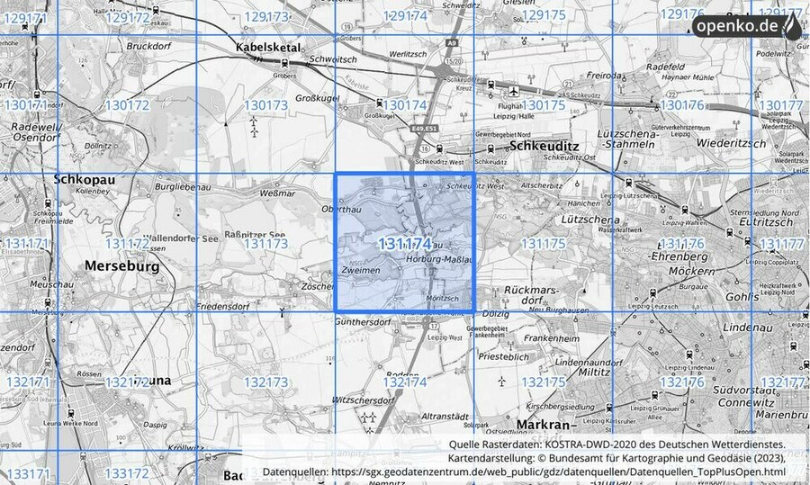 Übersichtskarte des KOSTRA-DWD-2020-Rasterfeldes Nr. 131174