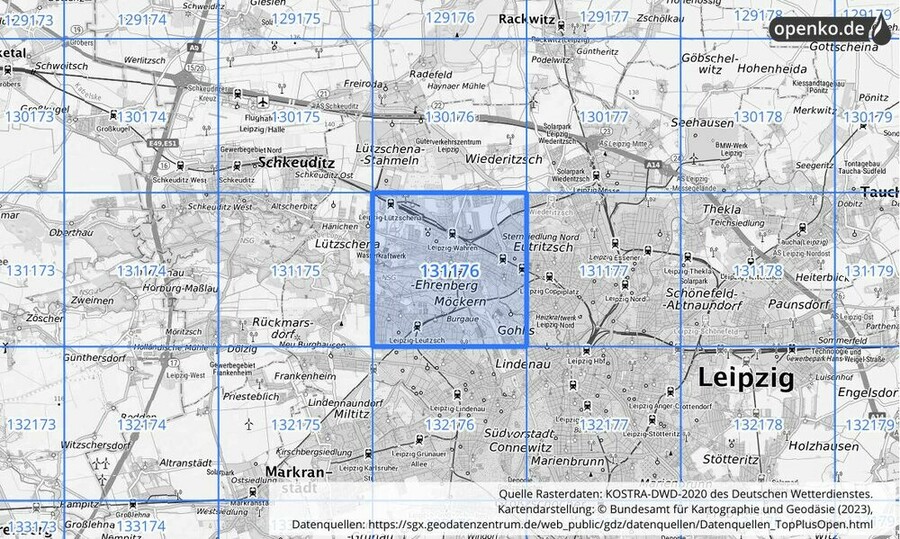 Übersichtskarte des KOSTRA-DWD-2020-Rasterfeldes Nr. 131176