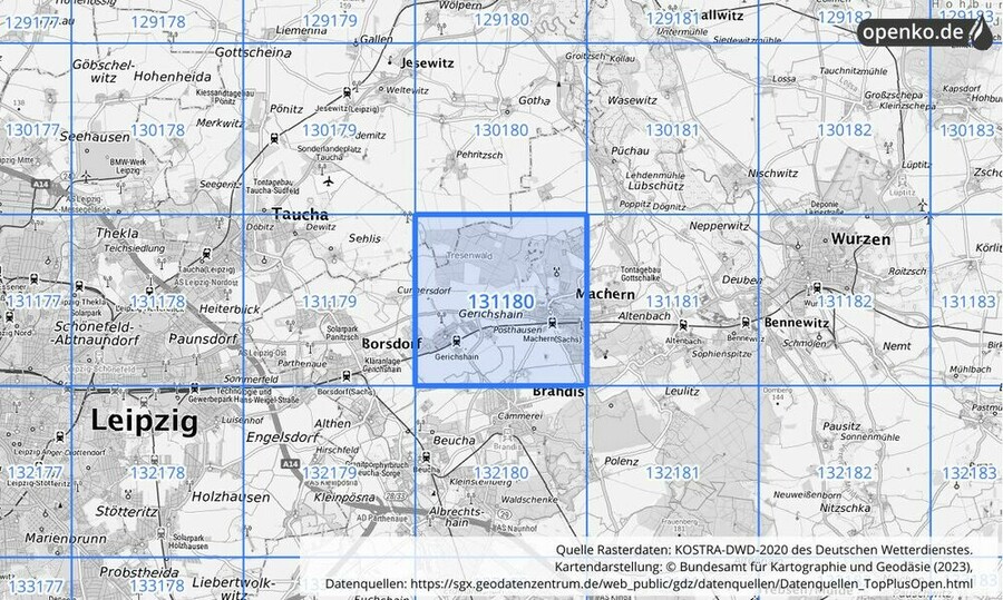 Übersichtskarte des KOSTRA-DWD-2020-Rasterfeldes Nr. 131180