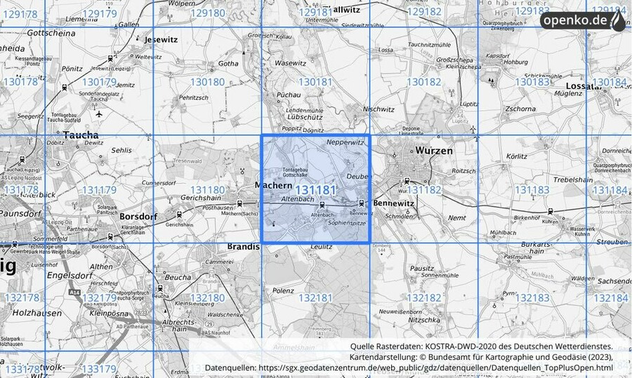 Übersichtskarte des KOSTRA-DWD-2020-Rasterfeldes Nr. 131181