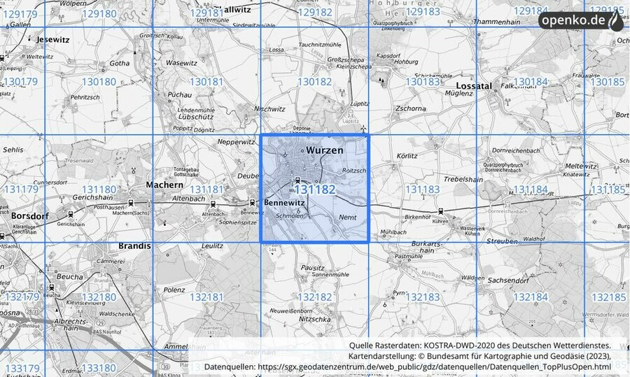 Übersichtskarte des KOSTRA-DWD-2020-Rasterfeldes Nr. 131182