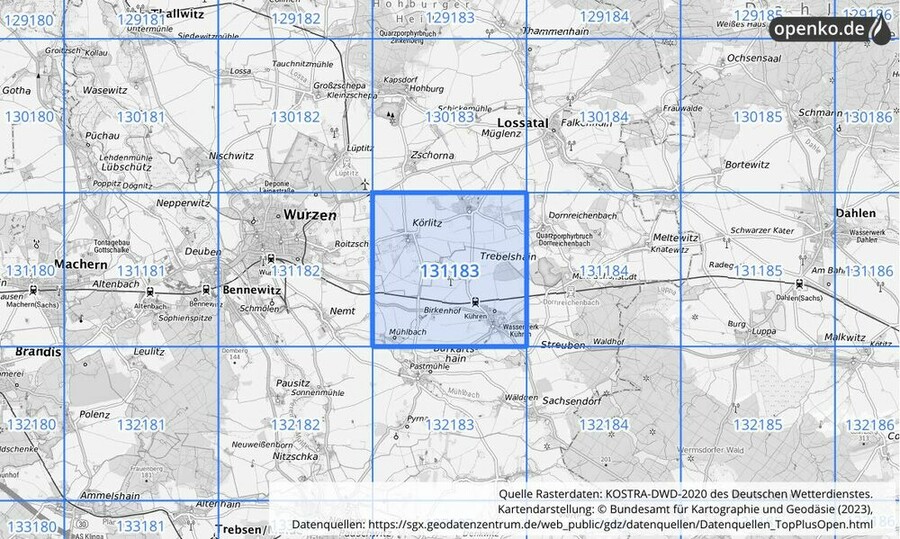 Übersichtskarte des KOSTRA-DWD-2020-Rasterfeldes Nr. 131183