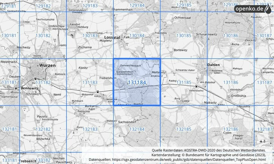 Übersichtskarte des KOSTRA-DWD-2020-Rasterfeldes Nr. 131184