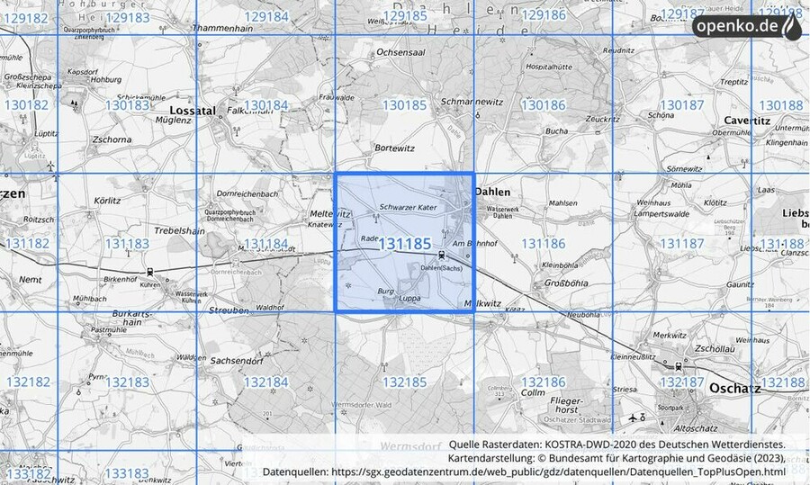 Übersichtskarte des KOSTRA-DWD-2020-Rasterfeldes Nr. 131185