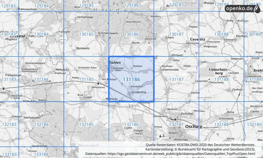 Übersichtskarte des KOSTRA-DWD-2020-Rasterfeldes Nr. 131186