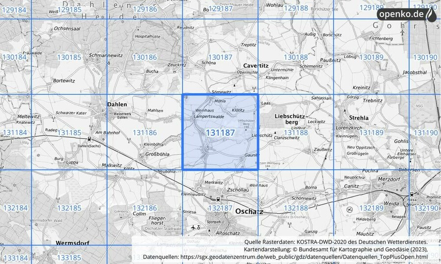 Übersichtskarte des KOSTRA-DWD-2020-Rasterfeldes Nr. 131187