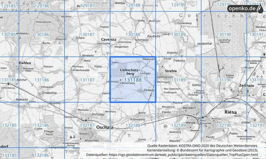 Übersichtskarte des KOSTRA-DWD-2020-Rasterfeldes Nr. 131188