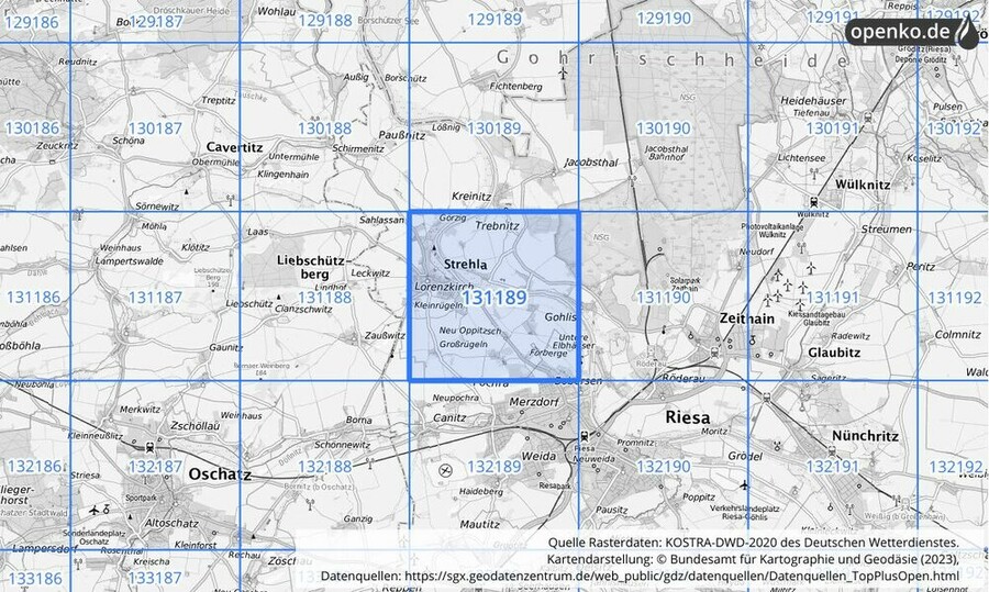 Übersichtskarte des KOSTRA-DWD-2020-Rasterfeldes Nr. 131189