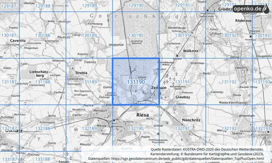 Übersichtskarte des KOSTRA-DWD-2020-Rasterfeldes Nr. 131190