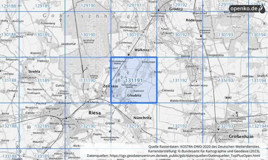 Übersichtskarte des KOSTRA-DWD-2020-Rasterfeldes Nr. 131191